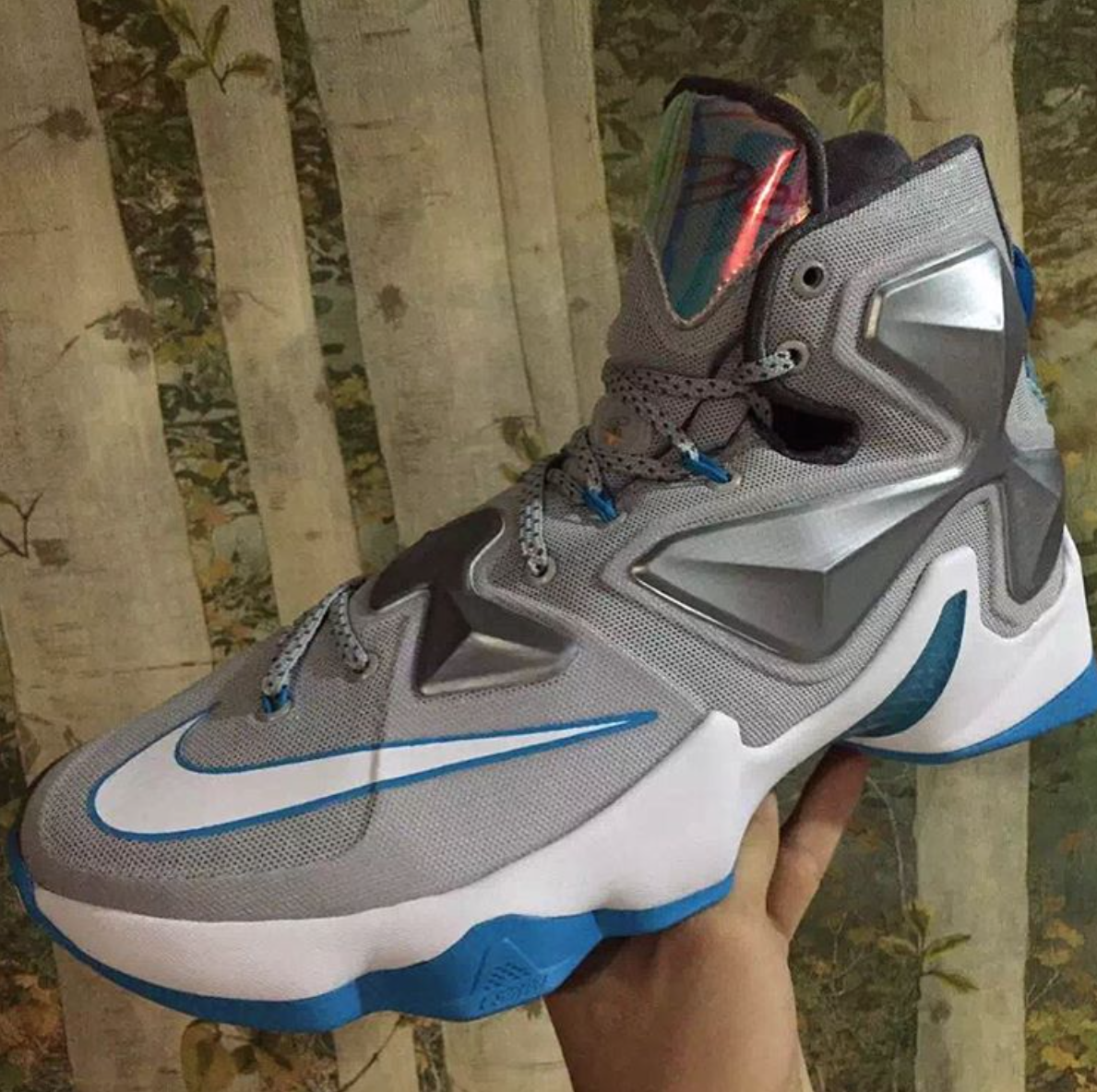 gray and blue lebrons