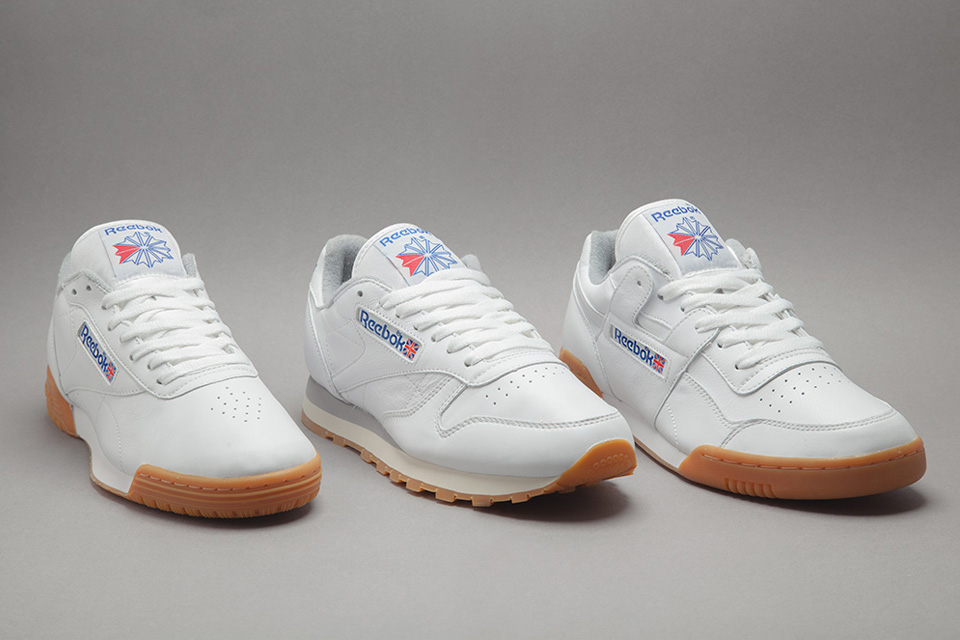 reebok classic white leather trainers with gum sole
