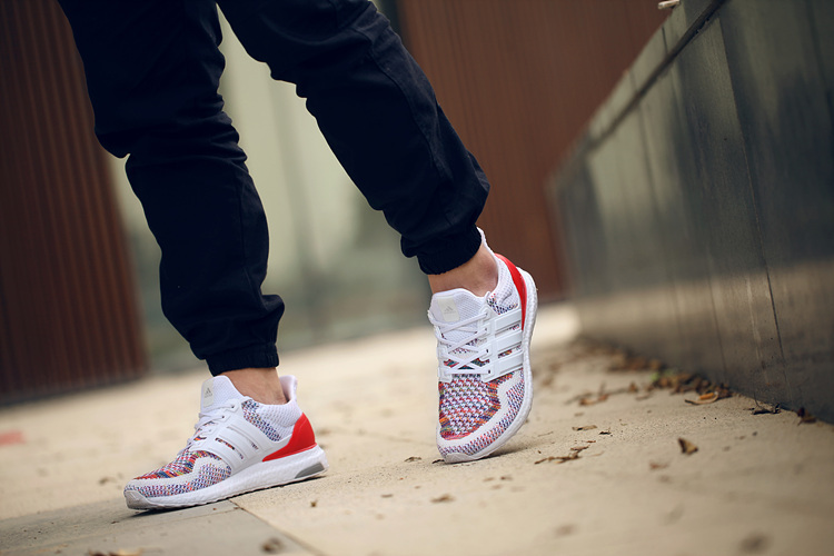 adidas Ultra Boost Multicolor Red Heel On Foot
