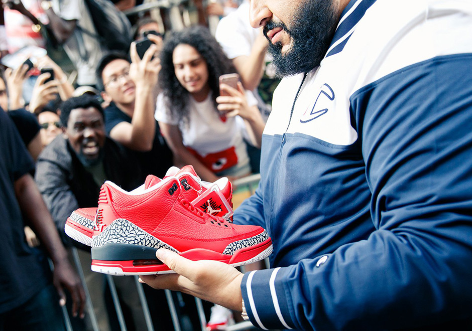 DJ Khaled at Stadium Goods Air Jordan 3 Grateful Red Black Cement Grey