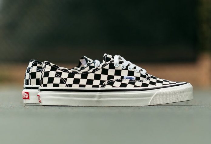 vans authentic checkerboard on feet