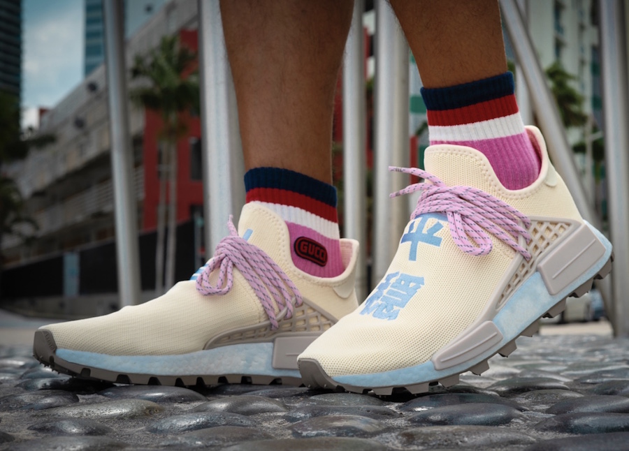 Pharrell adidas NMD Hu Nerd Cream Pink Grey EE8102 On-Feet