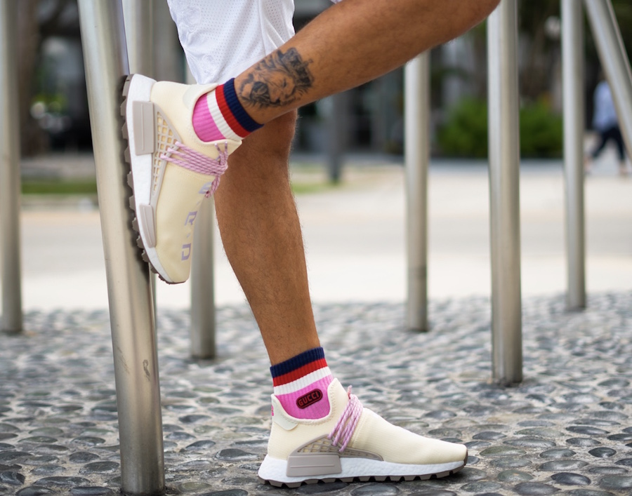 Pharrell adidas NMD Hu Nerd Cream Pink Grey EE8102 On-Foot