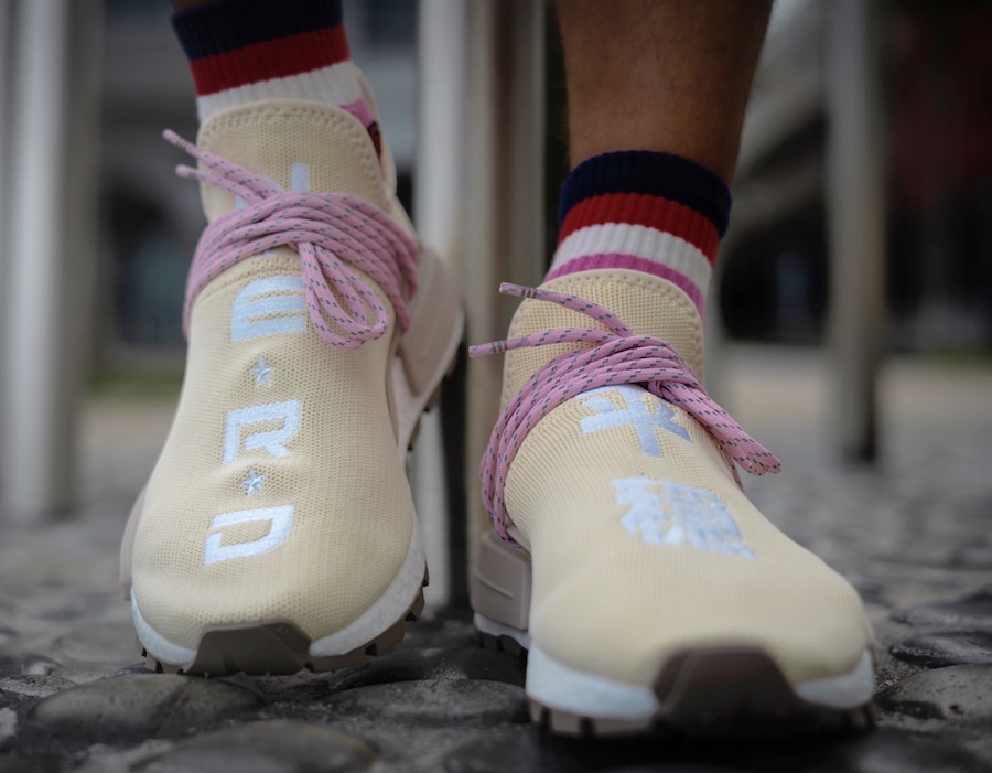 Pharrell adidas NMD Hu Nerd Cream Pink Grey EE8102 On-Foot