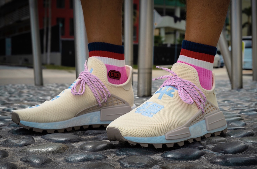 Pharrell adidas NMD Hu Nerd Cream Pink Grey EE8102 On-Feet