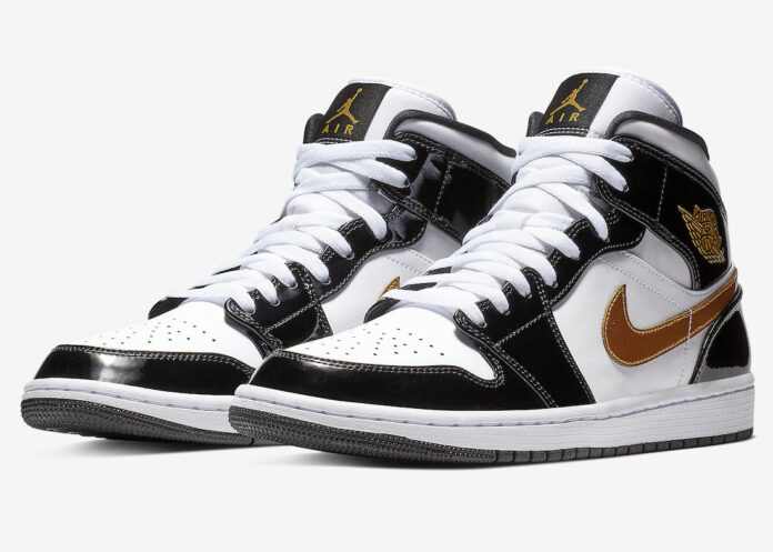Air Jordan 1 Mid Patent Black Metallic Gold 852542-007-4 Air Jordan 1 Mid Patent Black Metallic Gold 852542-007