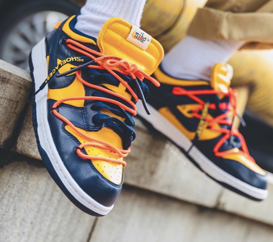 Off-White Nike Dunk Low University Gold Navy CT0856-700​​​​​​​ Release Date On-Feet