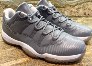 How the Air Michigan Jordan 11 Low IE Gym Red Looks On-Feet Carbon Fiber Cool Grey Samples