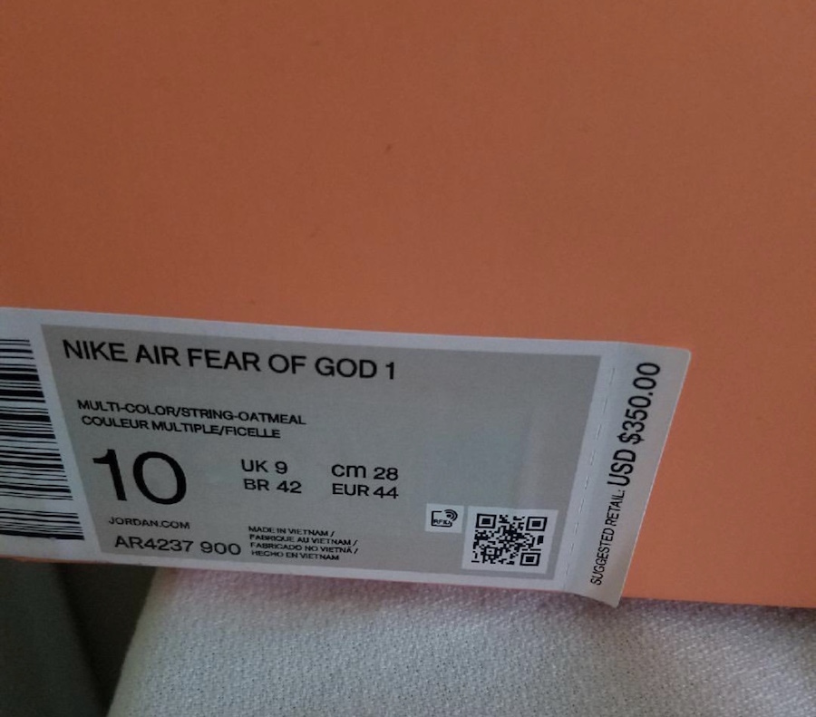 Nike Air Fear of God 1 Oatmeal AR4237-900 Box