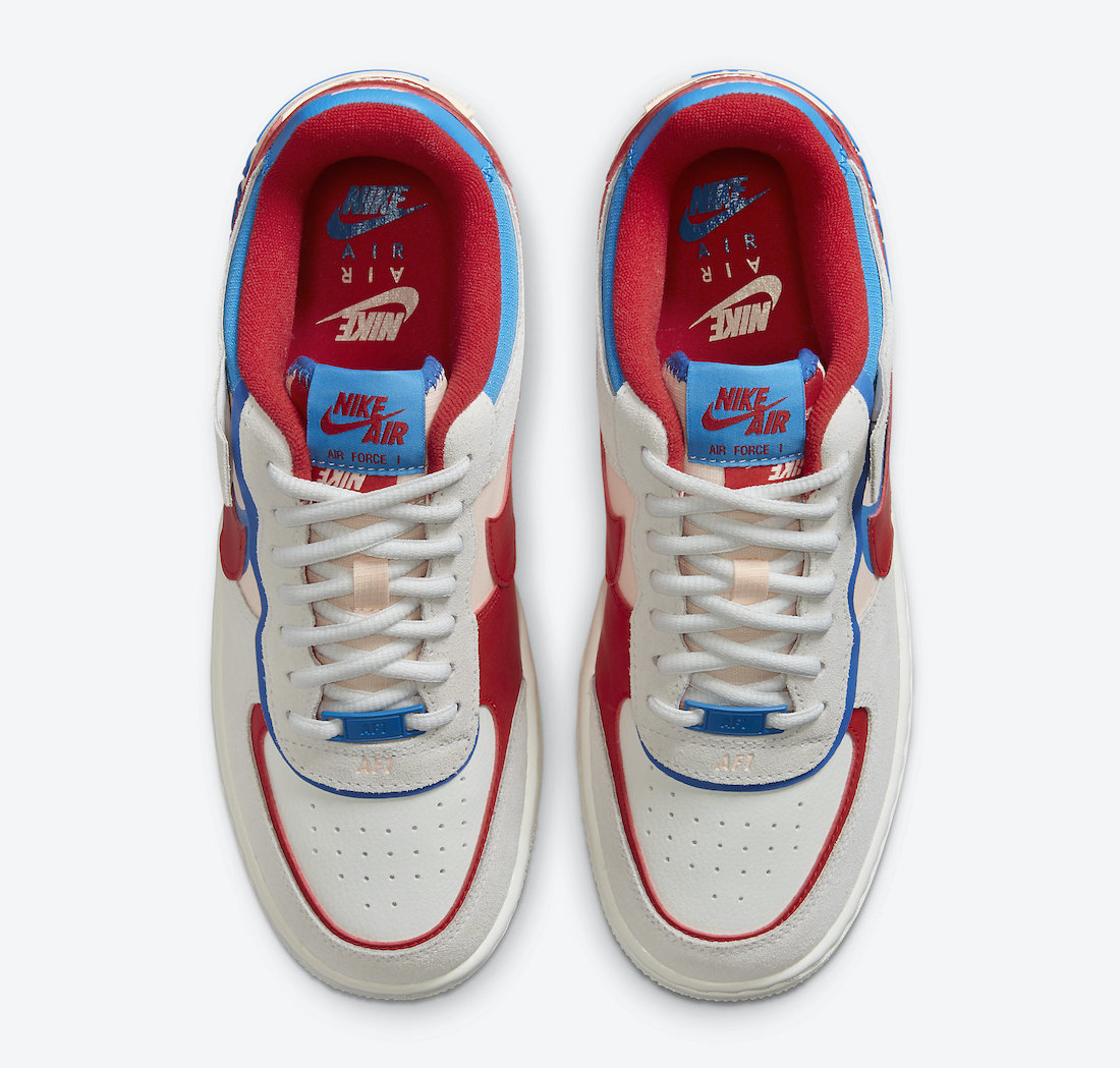 nike air force 1 shadow trainers in white red and blue