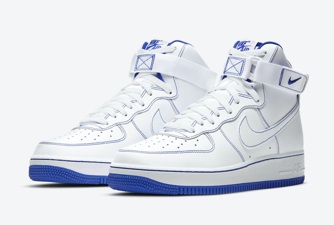 blue and white high top air forces
