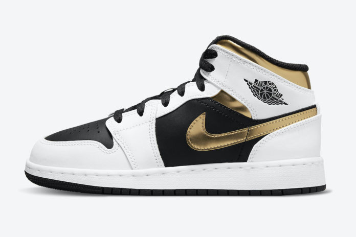 Air Jordan 1 Mid GS White Black Gold 554725-190 Release Date - SBD