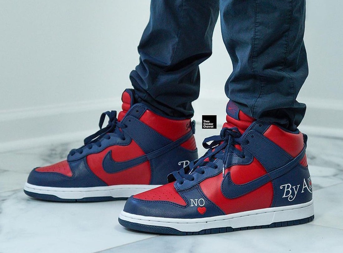 Supreme Nike SB Dunk High By Any Means Red Navy On Feet 1