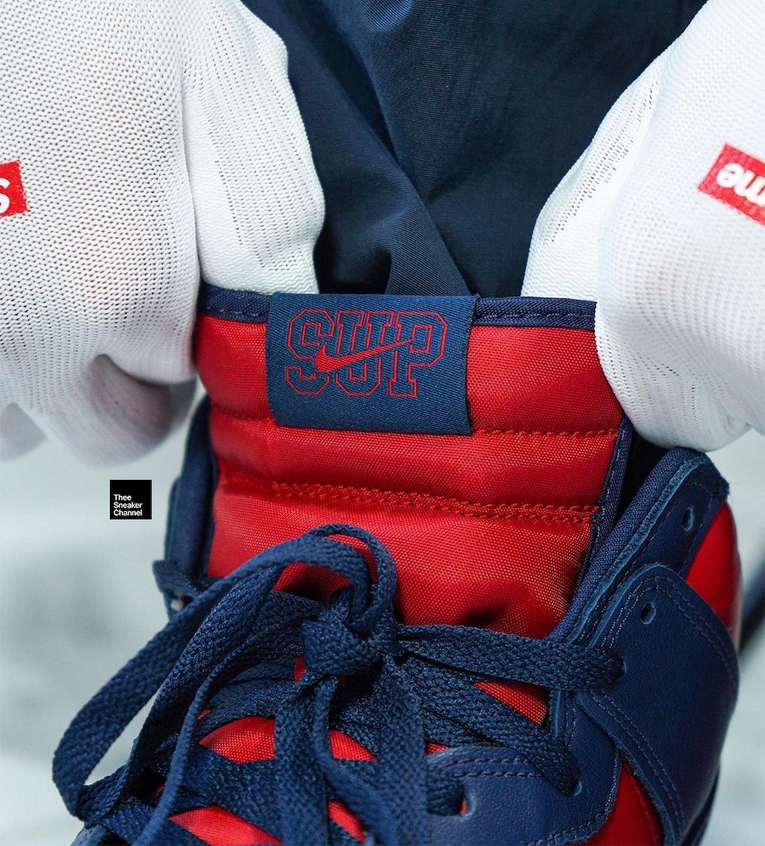 Supreme Nike SB Dunk High By Any Means Red Navy On Feet 4