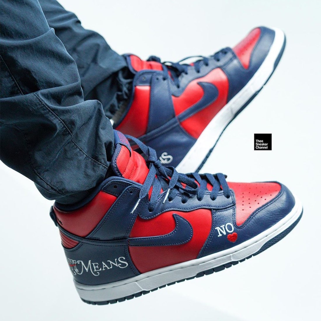 Supreme Nike SB Dunk High By Any Means Red Navy On-Feet