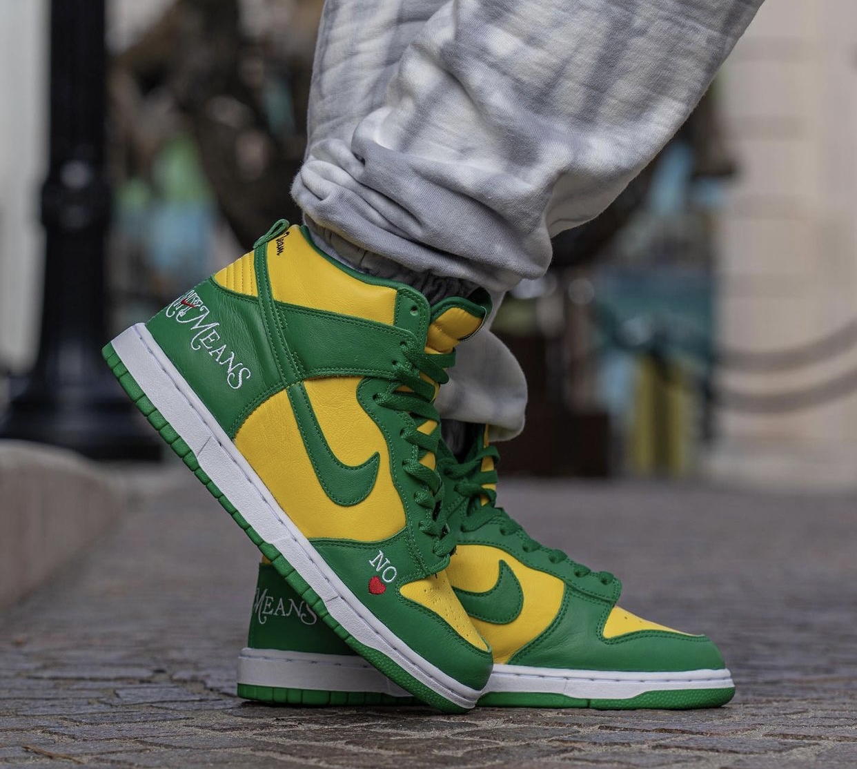 Supreme Nike SB Dunk High Brazil By Any Means DN3741-700 Release Date On-Feet