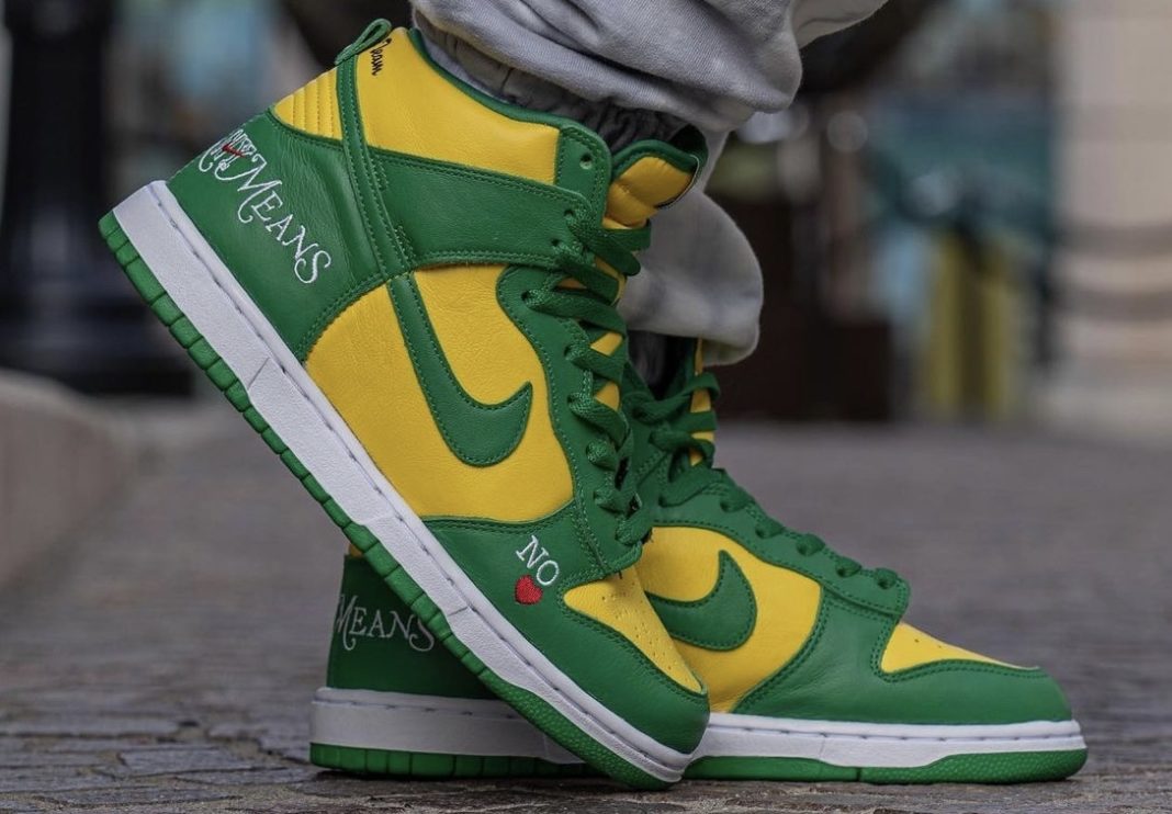 Supreme Nike SB Dunk High Brazil By Any Means DN3741 700 Release Date On Foot 1068x742