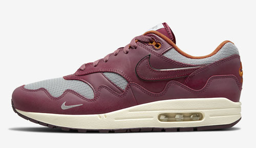 Patta Nike Air Max 1 Rush Maroon official release dates 2021