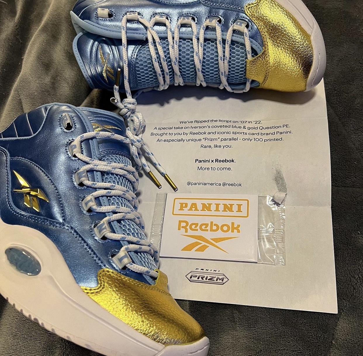 obra maestra Cuña Comprensión Panini x Reebok Question Mid Blue Gold Friends and Family | SBD