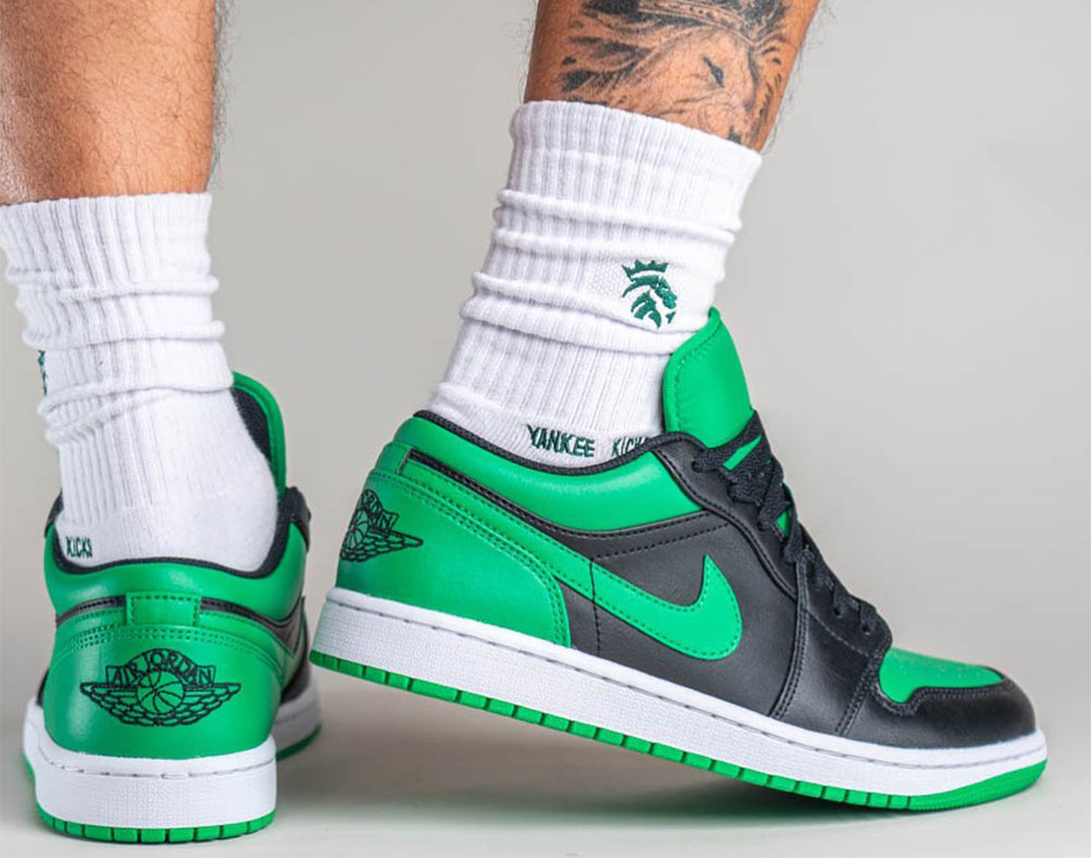 Air Jordan 1 Low Black Lucky Green 553558-065 Release Date On-Feet Heel
