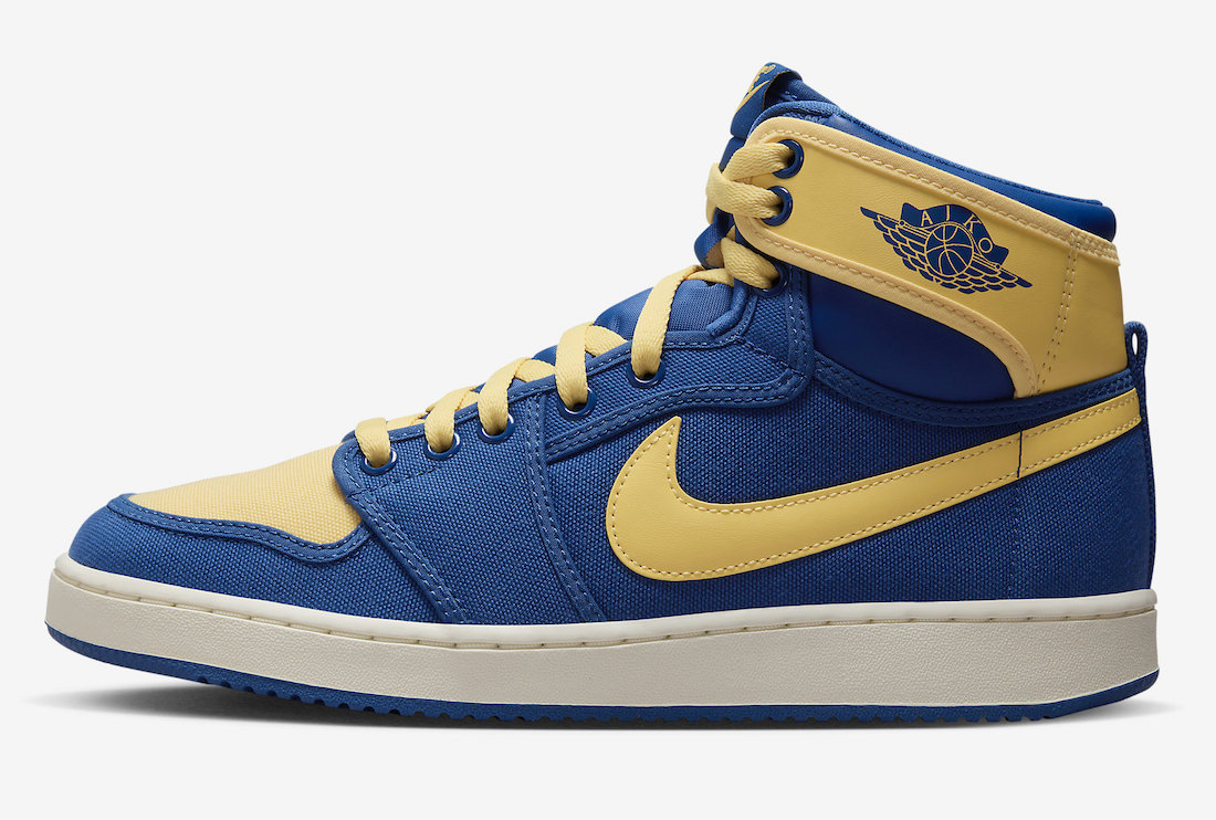 Air Jordan 1 KO True Blue Topaz Gold DO5047-407 lateral side with AJKO Wings and Swoosh