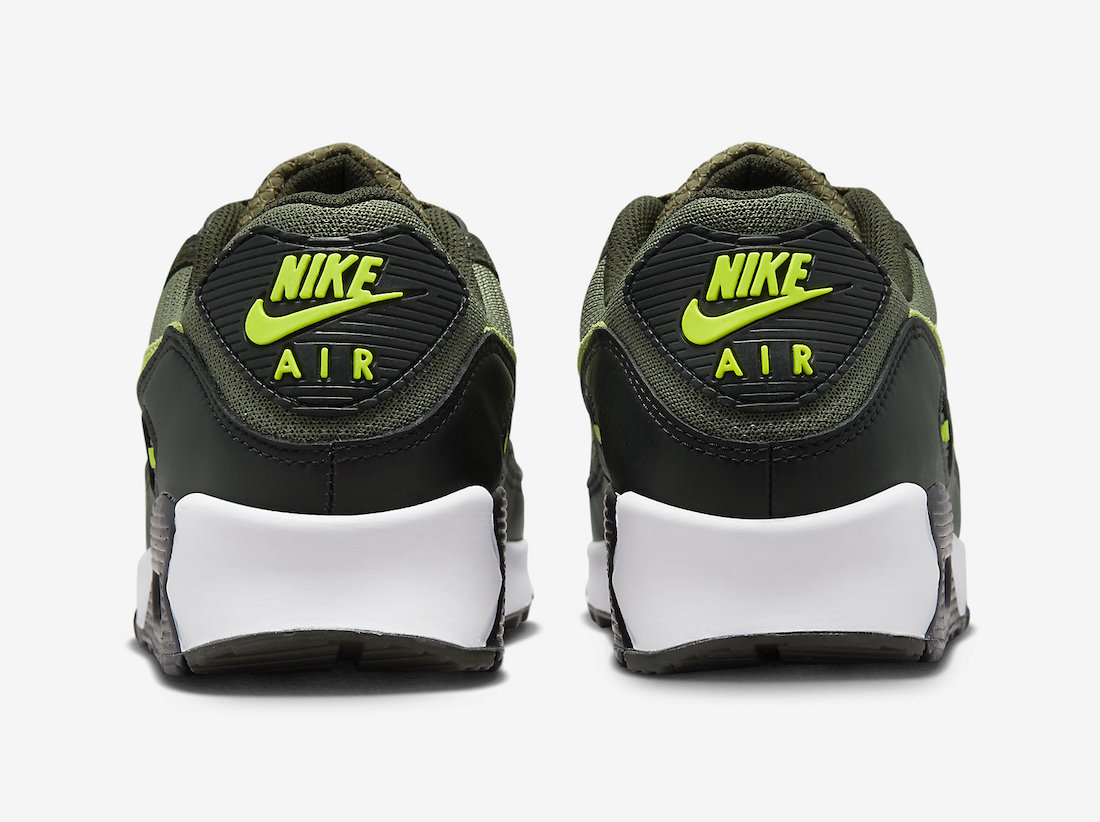 Nike Air Max 90 Medium Olive Volt Sequoia White DQ4071-200 Release Date Heel