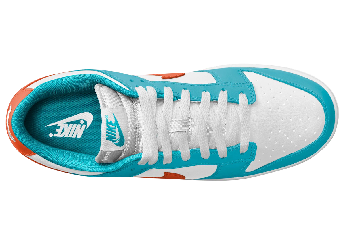 Nike Dunk Low Miami Dolphins DV0833-102 top view with Nike branding