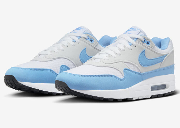 Nike Air Max 1 University Blue FD9082-103 pair photo with Swooshes on the sides and Nike branding on the tongue tags