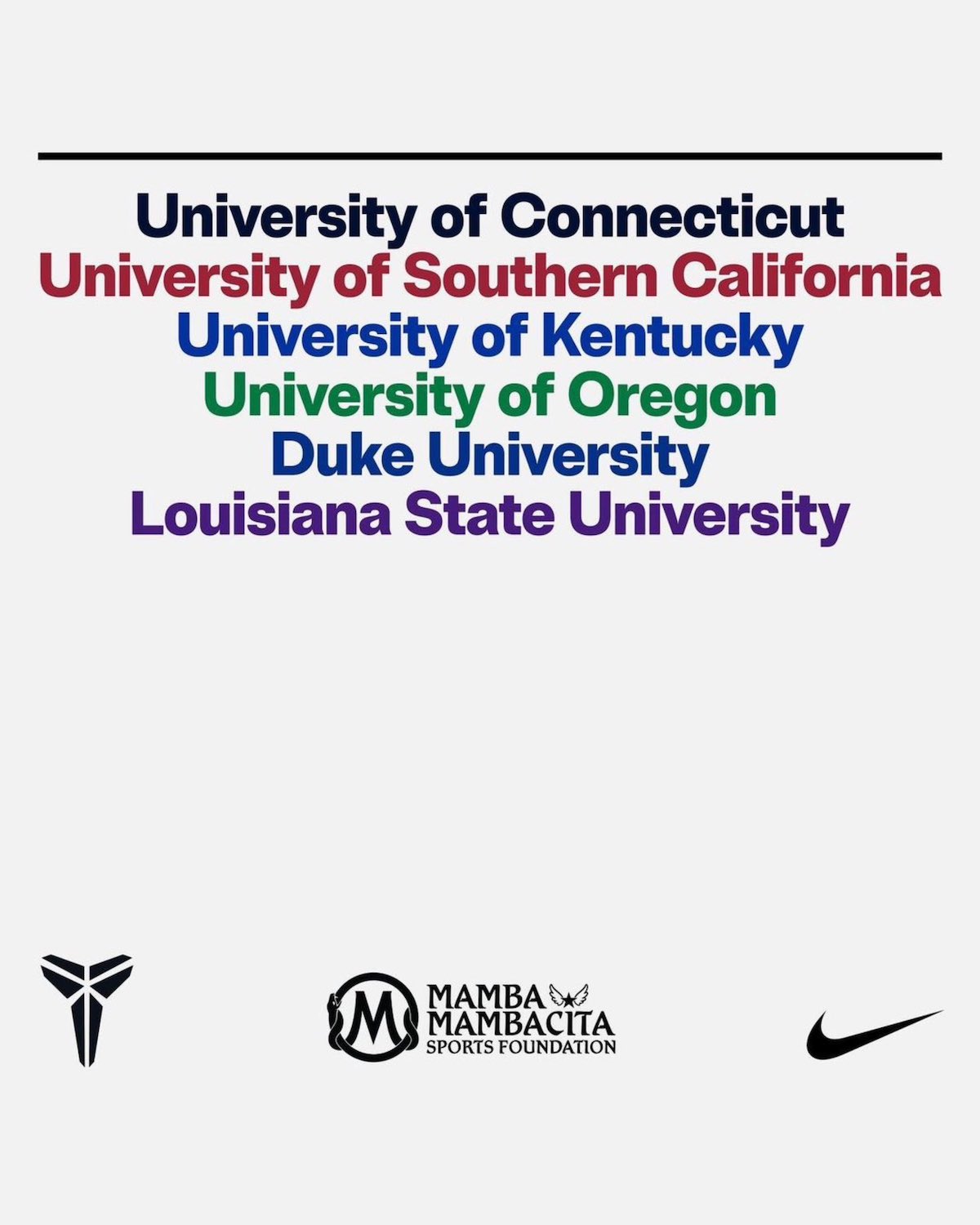 Nike Kobe Mamba Program UConn Huskies, Oregon Ducks, LSU Tigers, USC Trojans, and Duke Blue Devils NCAA Basketball Teams