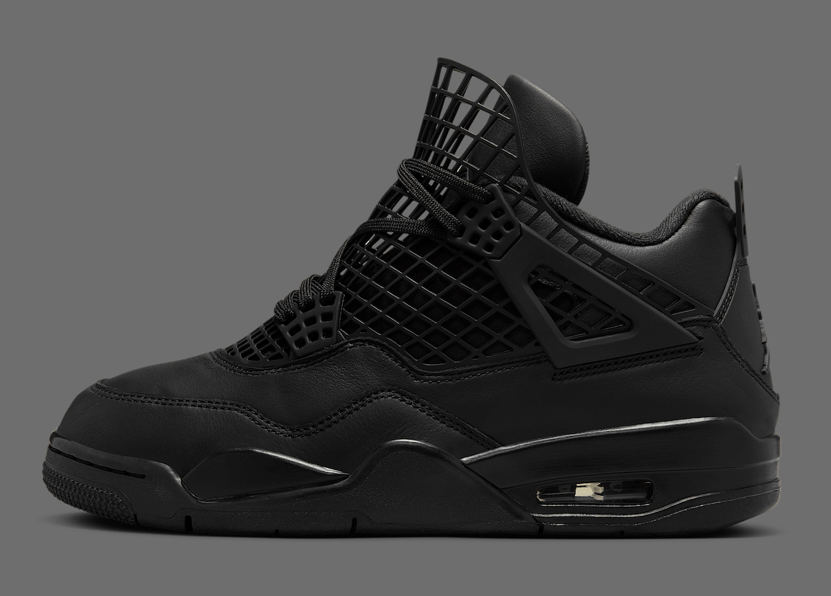 Side profile of the Air Jordan 4 NET Black sneaker with black leather upper and grid mesh netting for a modern, futuristic look.