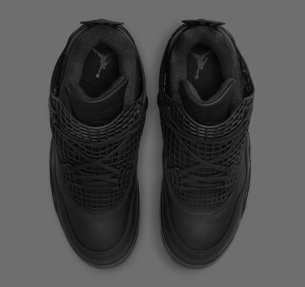 Top-down view of the Air Jordan 4 NET Black featuring the grid mesh netting and black leather accents.