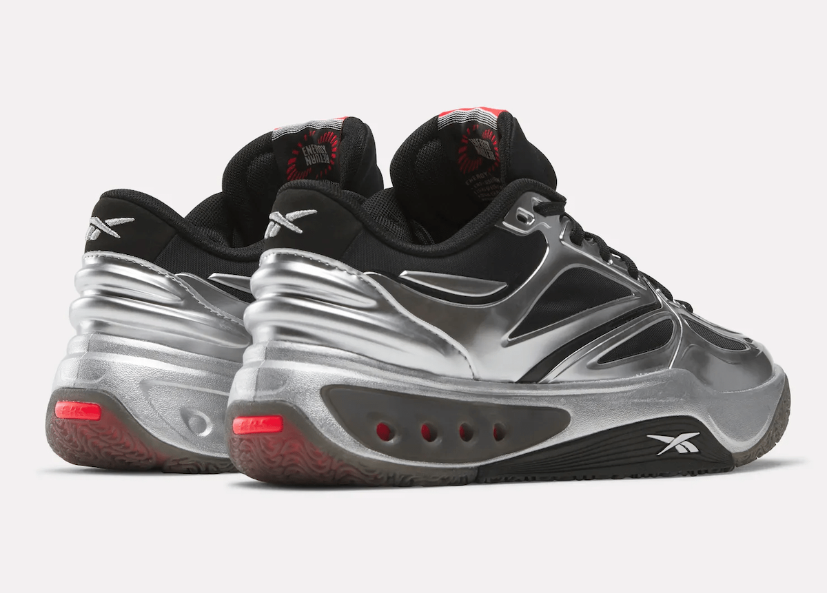 Reebok Engine A Black Silver rear view featuring the aerodynamic heel structure, red accent details, and a sculpted midsole for dynamic support