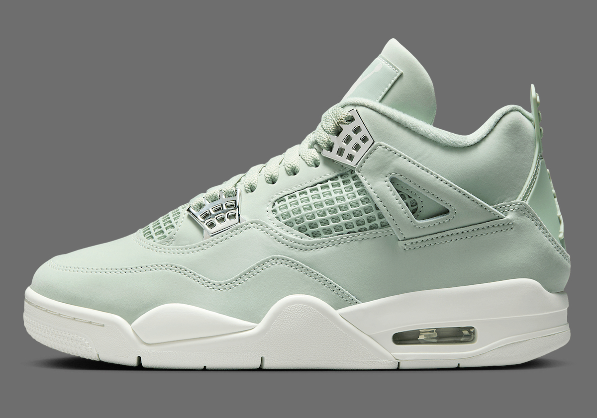 Side profile of the Air Jordan 4 'Seafoam' showcasing its pastel green suede upper, mesh paneling, metallic lace eyelets, and a contrasting white midsole with an exposed Air unit in the heel.