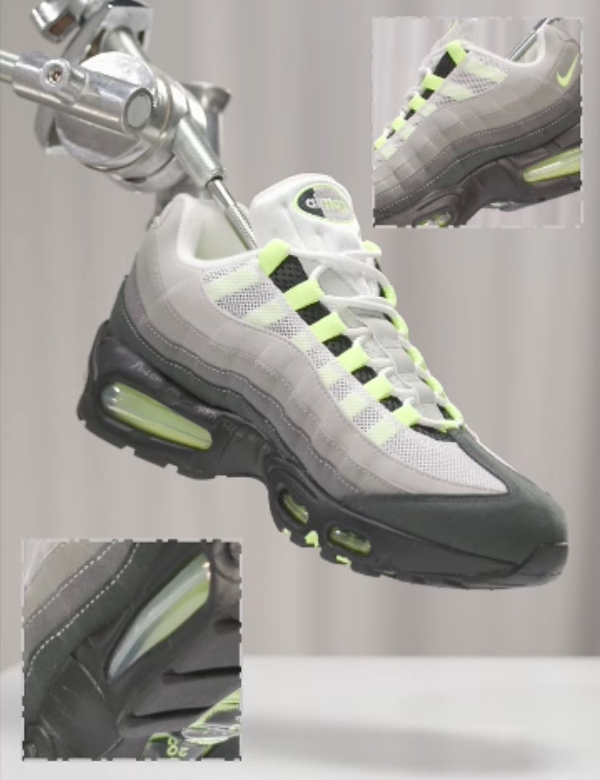 Nike Air Max 95 OG 'Neon Big Bubble' in a futuristic mechanical display that emphasizes the retro design of the sneaker and updated air cushion.