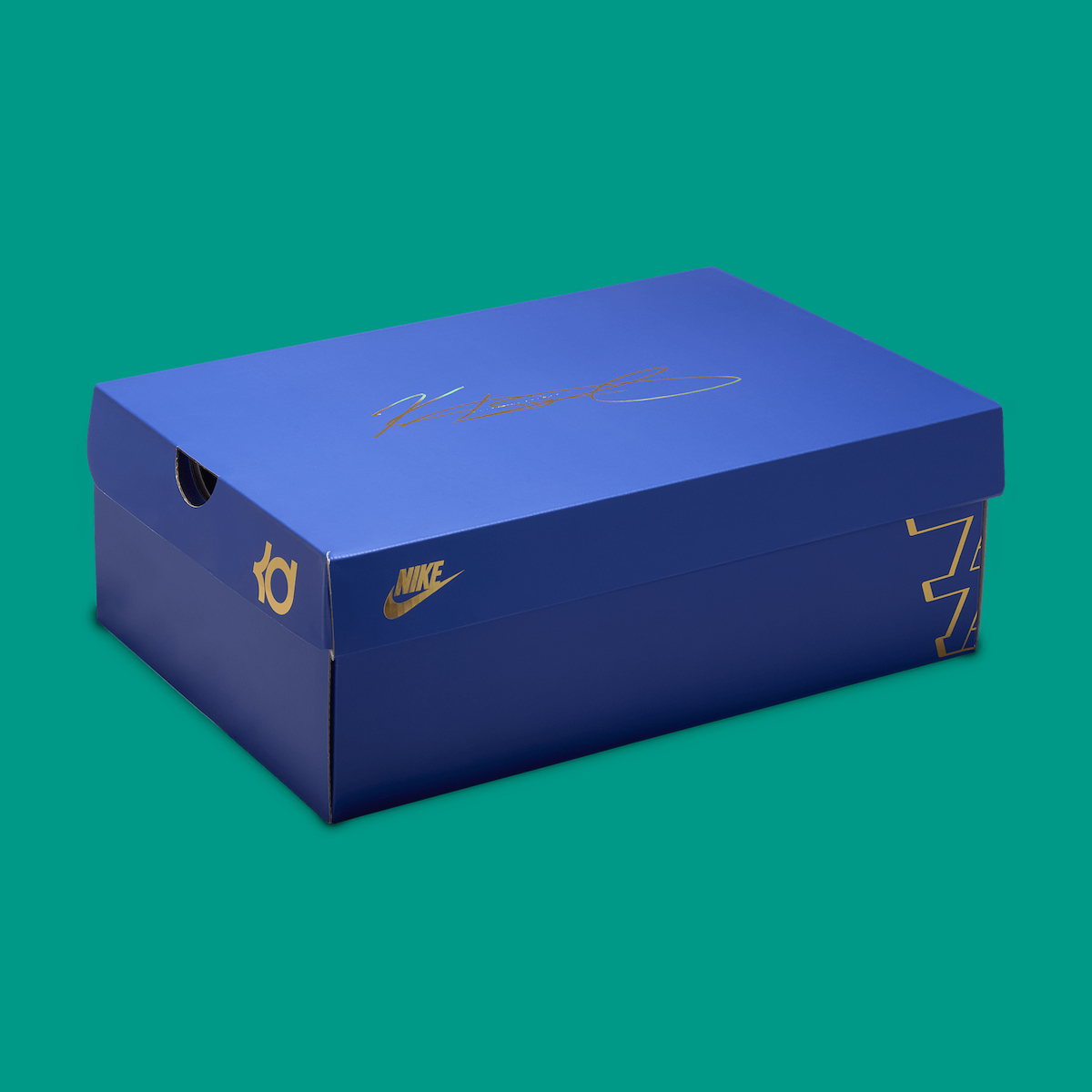 Special edition royal blue Nike KD 4 Easter 2025 shoebox with gold Kevin Durant signature and logos.