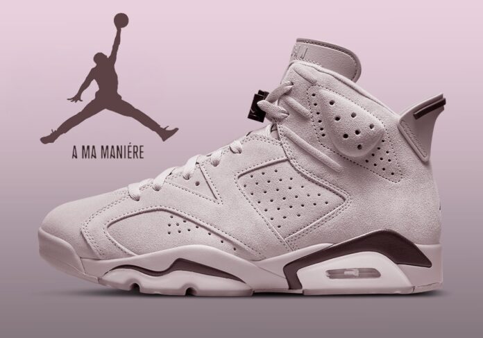 A Ma Maniére x Air Jordan 6 collaboration featuring muted suede tones, premium details, and luxury-inspired accents, set to release in Holiday 2025.