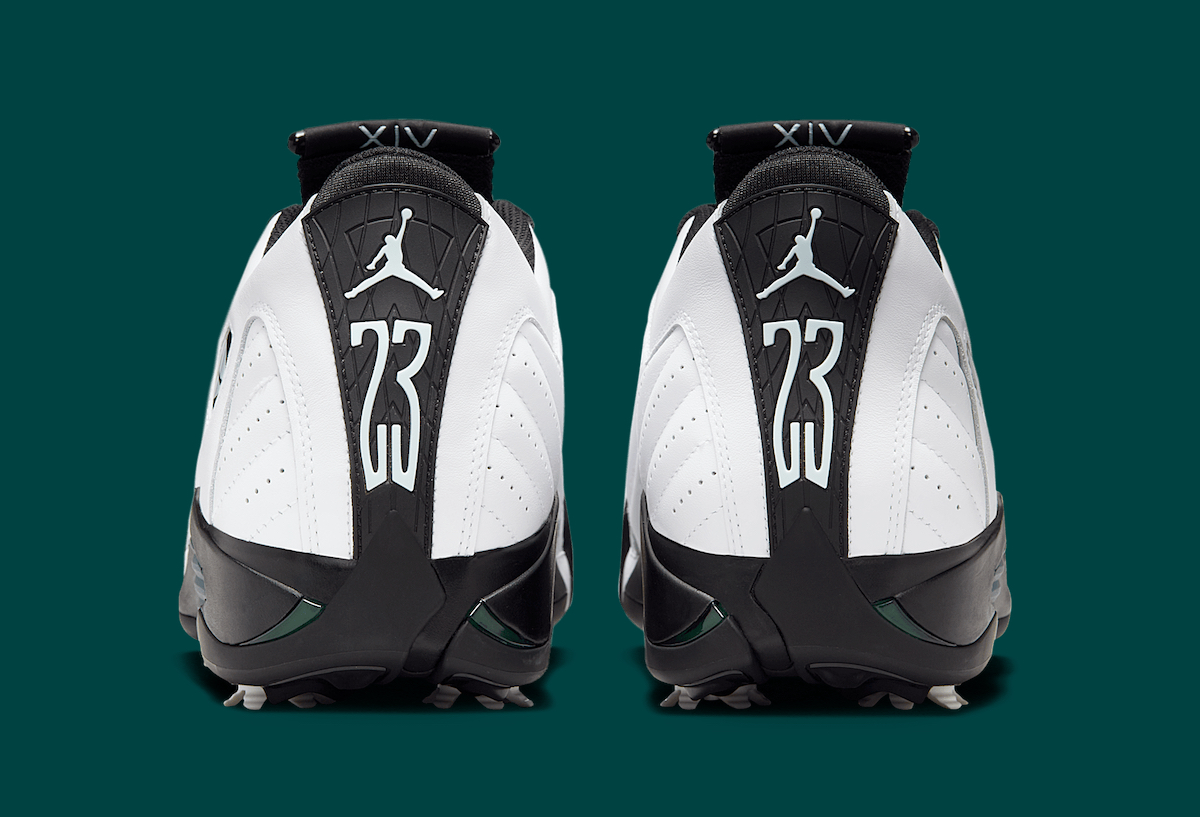Rear view of Air Jordan 14 Golf Oxidized Green showcasing the Jumpman logo and number 23.
