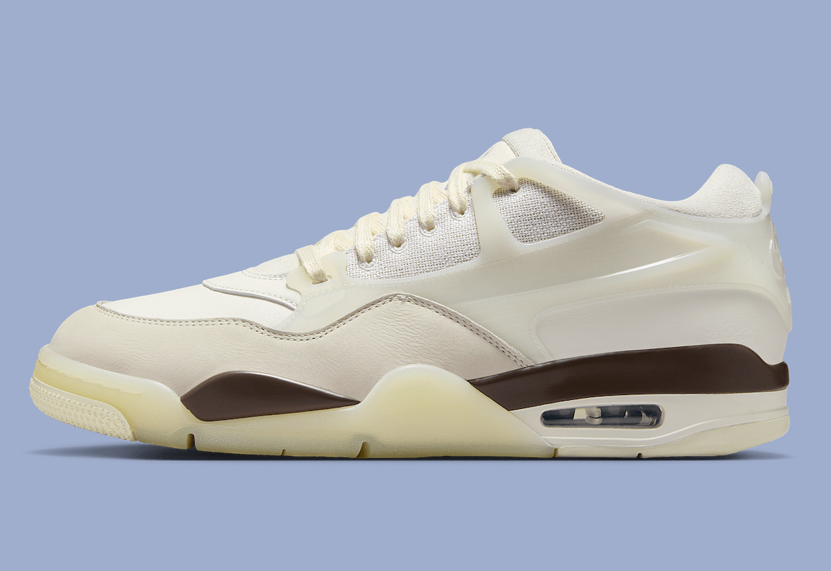 Side profile of the Air Jordan 4 RM "Hemp" featuring a brown midsole and Sail upper.