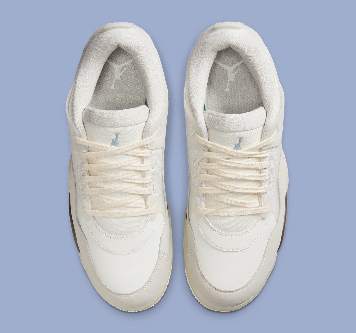Top-down view highlighting the hemp-textured eyelets and Light Armory Blue Jumpman logo.