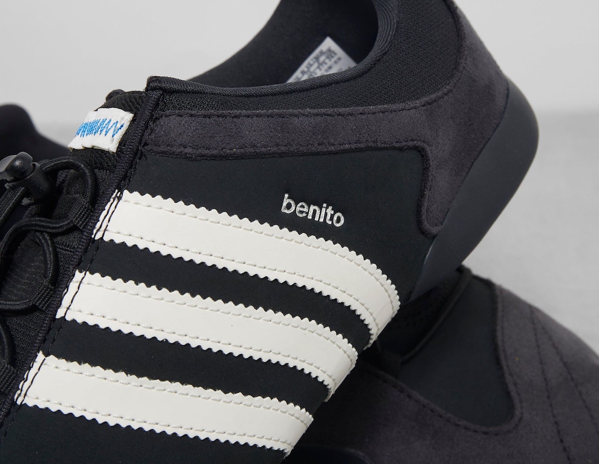 Close-up of the "Benito" branding and adidas Three Stripes detailing.