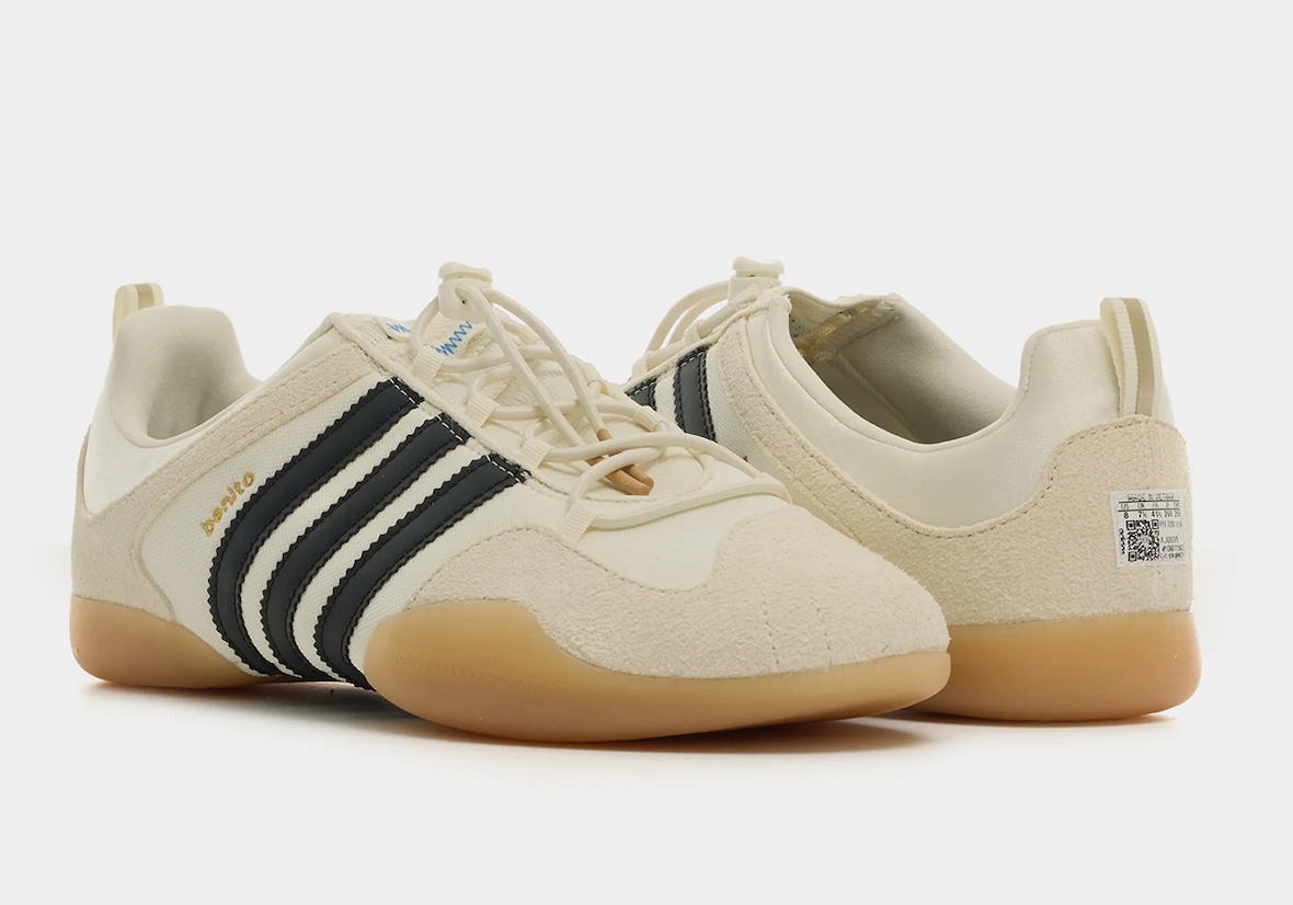 Close-up of the Bad Bunny x adidas Ballerina sneaker in cream and black colorway