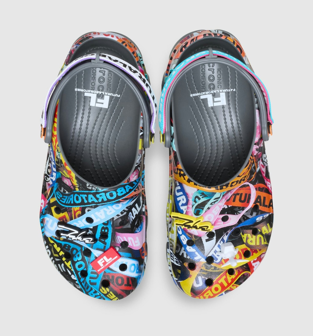 Top-down view of the Futura Laboratories Crocs All-Terrain Clog displaying vibrant graphics and unique lanyard strap details