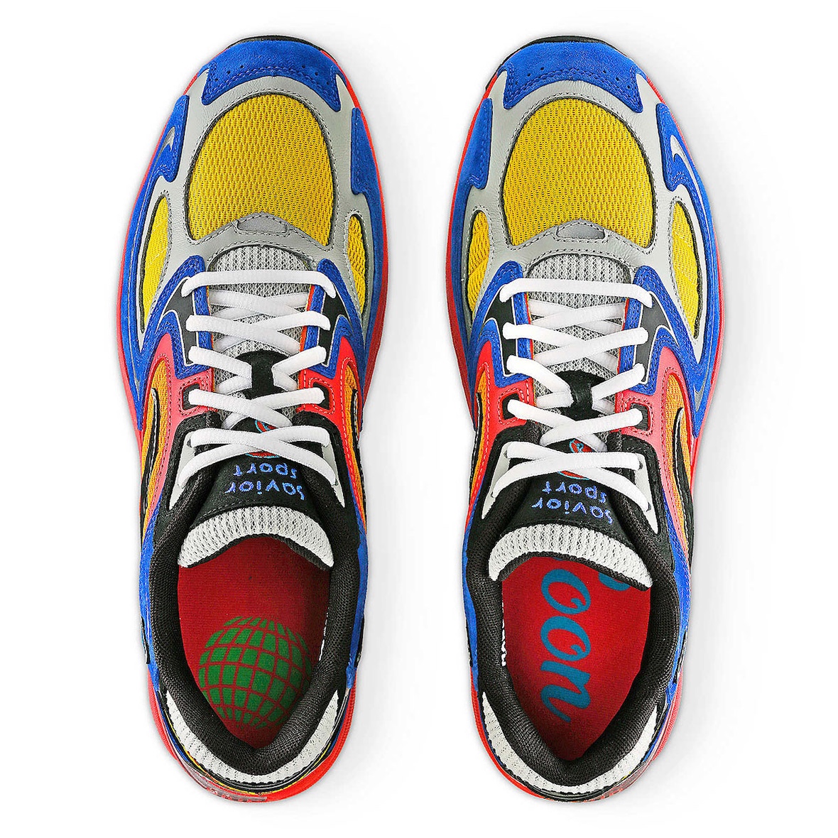 Top-down view of the Jae Tips x Saucony Grid Shadow 2 showcasing colorful paneling, unique lace detailing, and custom tongue branding.
