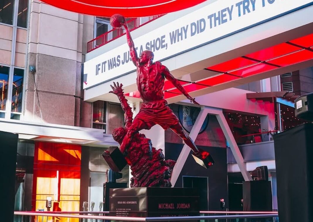 Wide shot of the Michael Jordan statue honoring the Air Jordan 1 High 85 