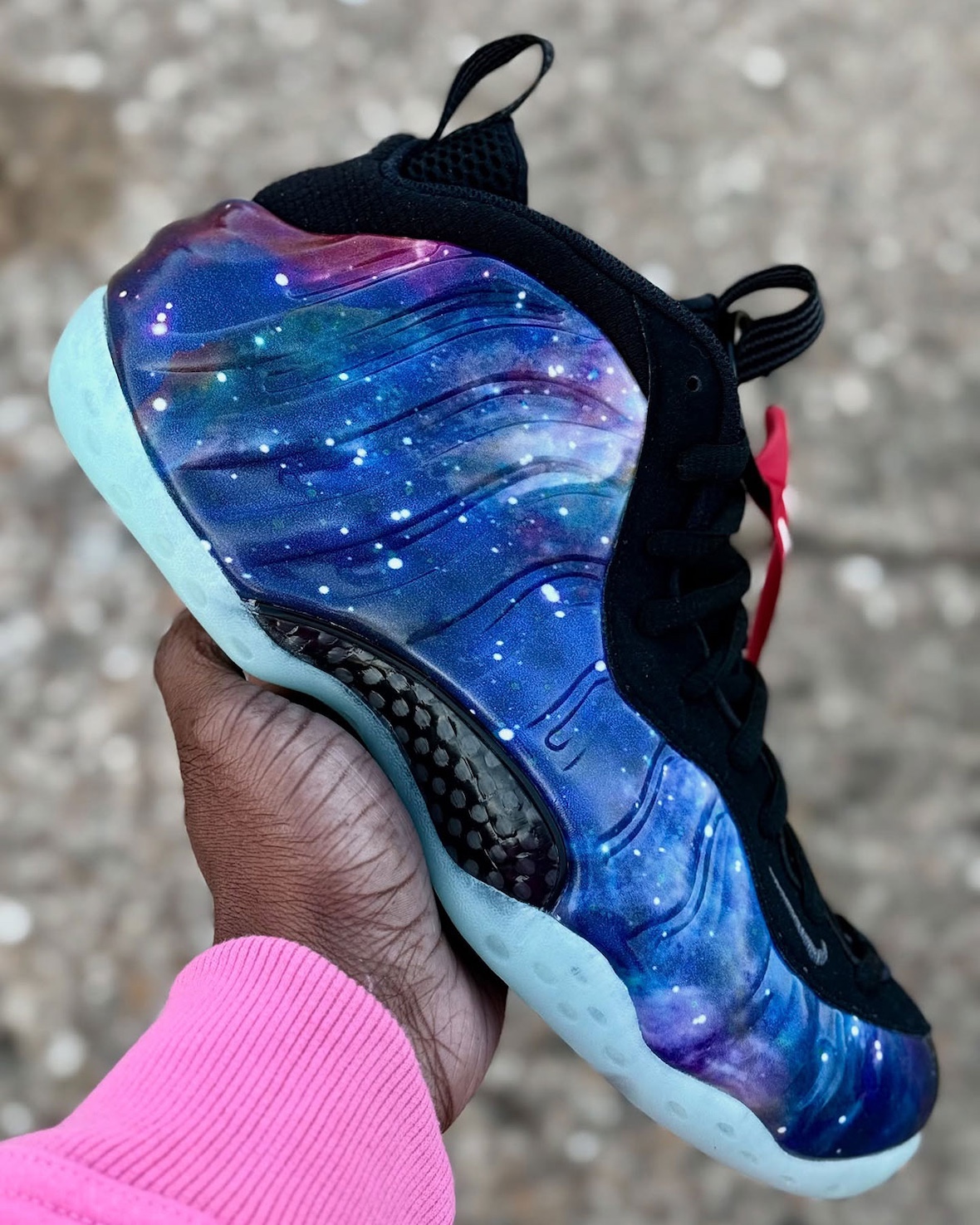 Nike Air Foamposite One Galaxy 2025 side view showcasing its cosmic-inspired graphic upper with a mix of deep blue, purple, and starry details