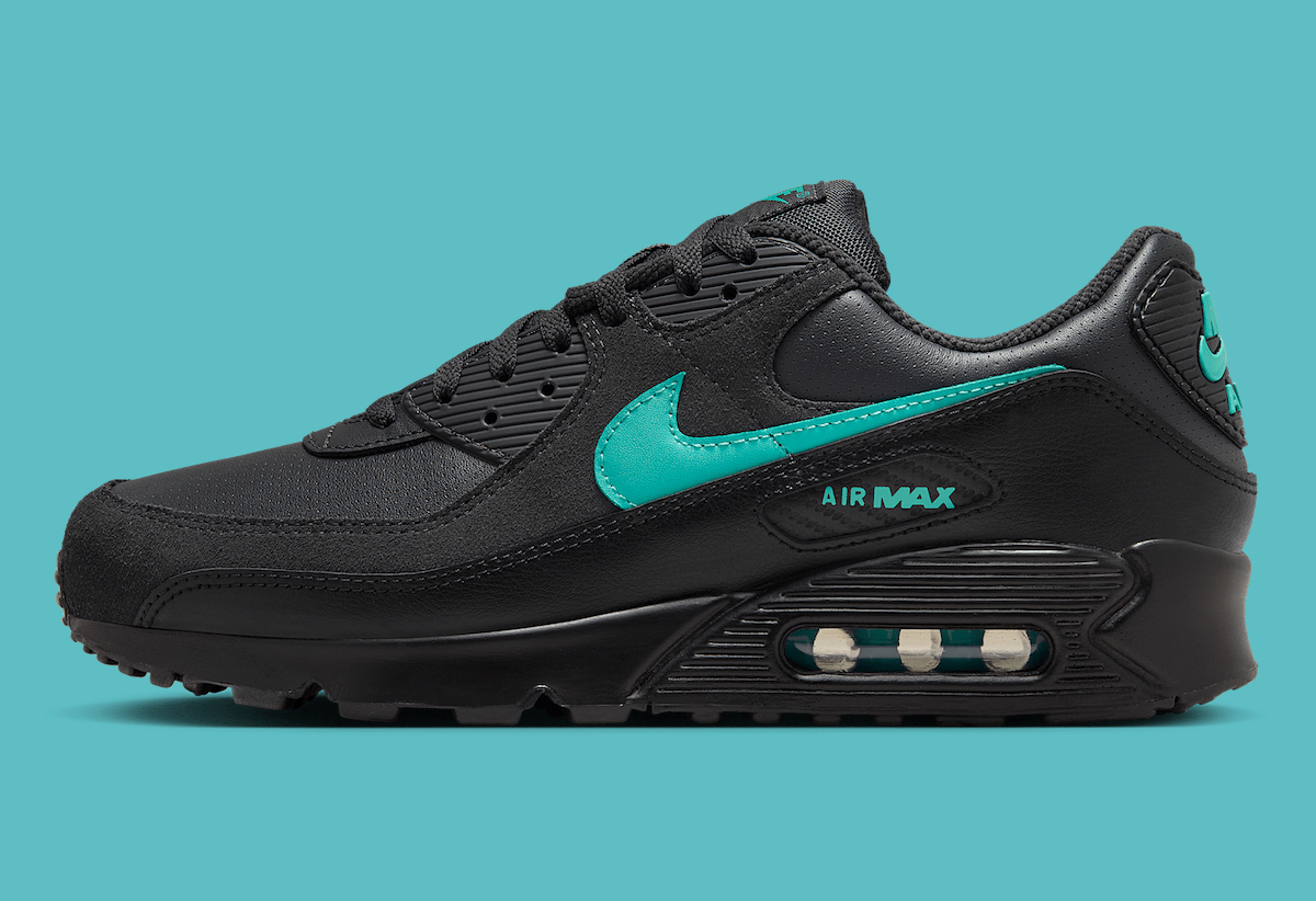 Side view of the Nike Air Max 90 Black Tiffany showing Aurora Green Swoosh