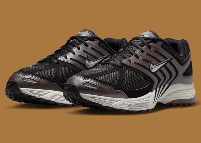 Nike Air Pegasus 2K5 Baroque Brown HQ5403-200 Front angle view of the Nike Air Pegasus 2K5 "Baroque Brown" highlighting bronze overlays.