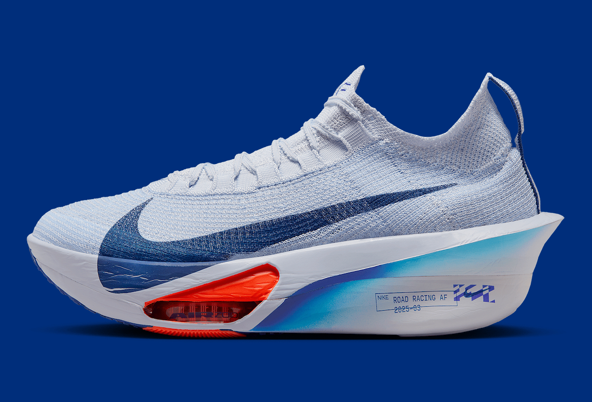 Nike Air Zoom AlphaFly 3 running shoe in Football Grey and Blue Void with Zoom Air pods and Flyknit upper.