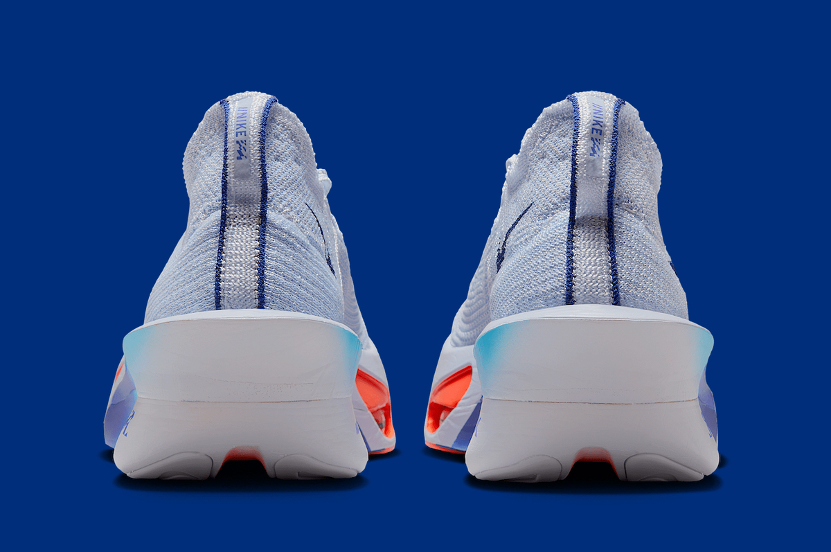 Nike Air Zoom AlphaFly 3 heel view with blue gradient midsole, Flyknit upper, and road racing branding.