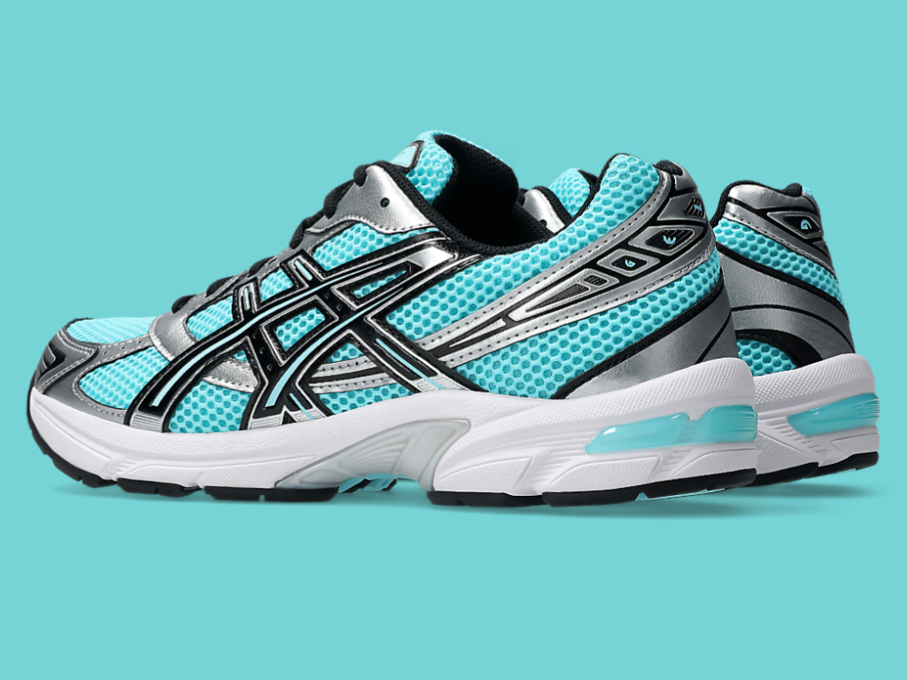 ASICS GEL-1130 Aqua Silver rear view highlighting the GEL cushioning system.
